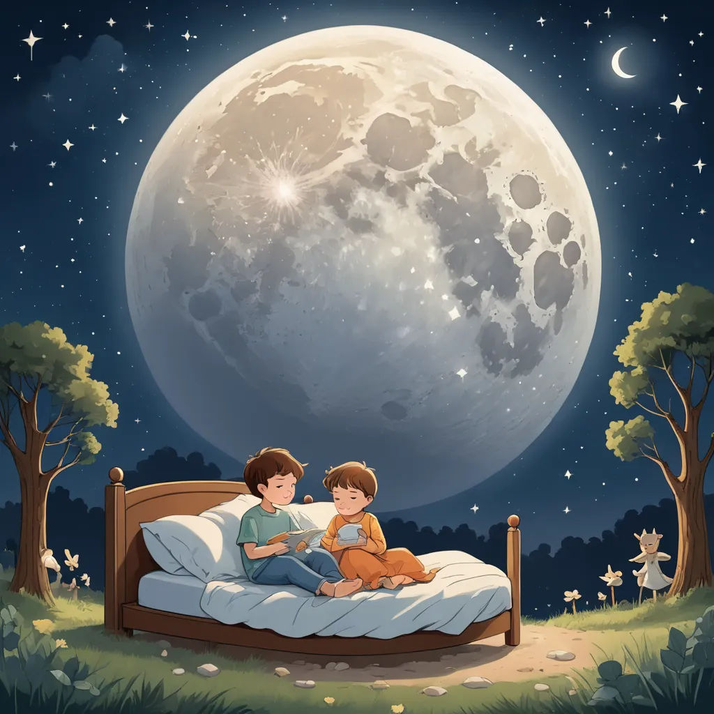 two children sitting on a bed under the moon in the night sky with stars and a full moon behind them, space art, a storybook illustration, Cyril Rolando, storybook illustration