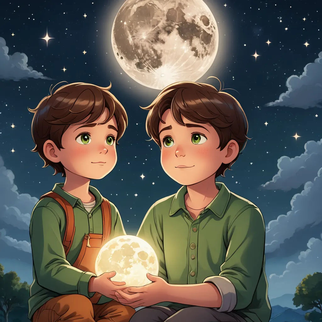 two boys sitting on a rock with a glowing ball in their hands under the moon and stars above them, space art, a storybook illustration, Diego Gisbert Llorens, moon