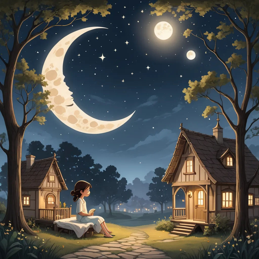 a girl sitting on a bench in front of a house under a full moon with a full moon in the sky, fantasy art, a storybook illustration, Cyril Rolando, storybook illustration