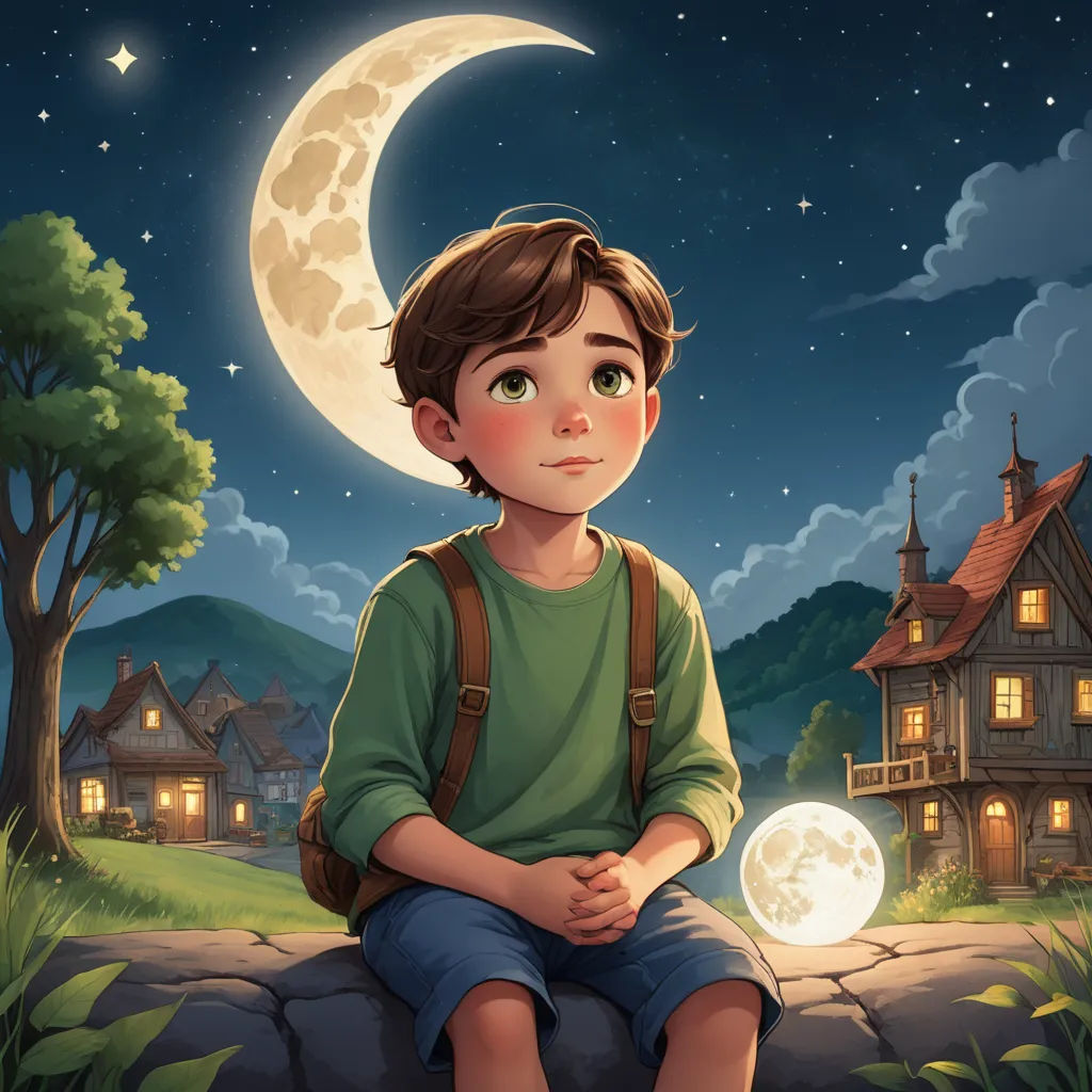 a boy sitting on a rock with a glowing ball in his hand in front of a house at night, fantasy art, a storybook illustration, Diego Gisbert Llorens, storybook illustration