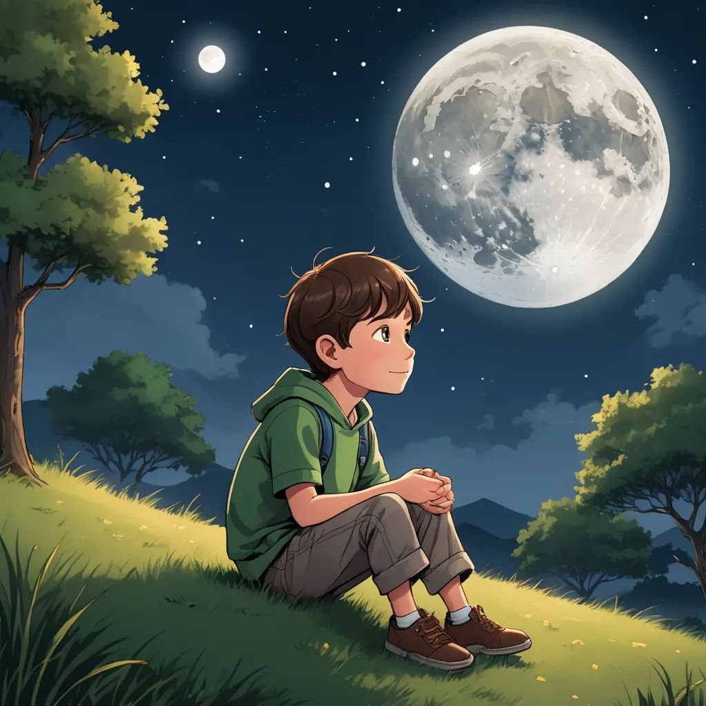 a boy sitting on a hill looking at the moon in the sky above him with a full moon in the background, space art, a storybook illustration, Diego Gisbert Llorens, moon