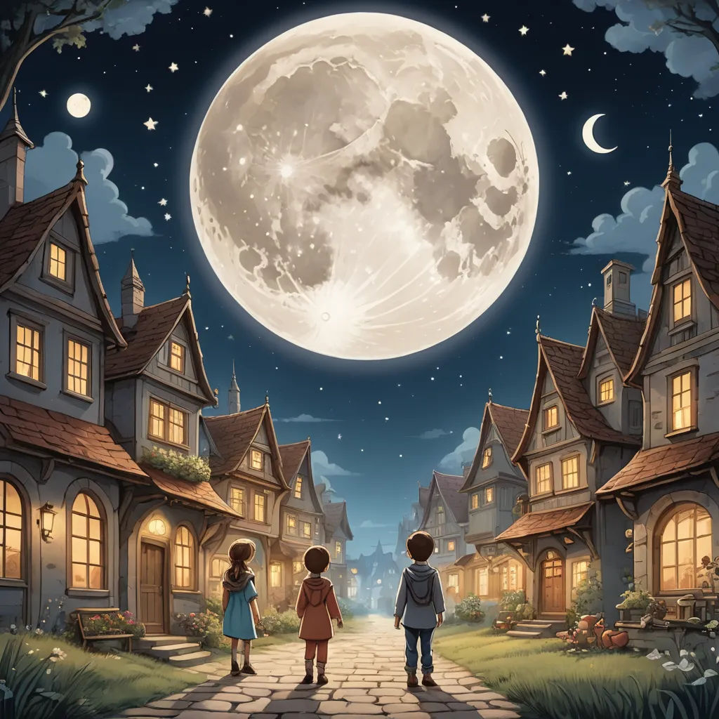 a couple of kids walking down a street under a full moon sky with a full moon behind them and a house, magical realism, a storybook illustration, Colin Middleton, storybook illustration