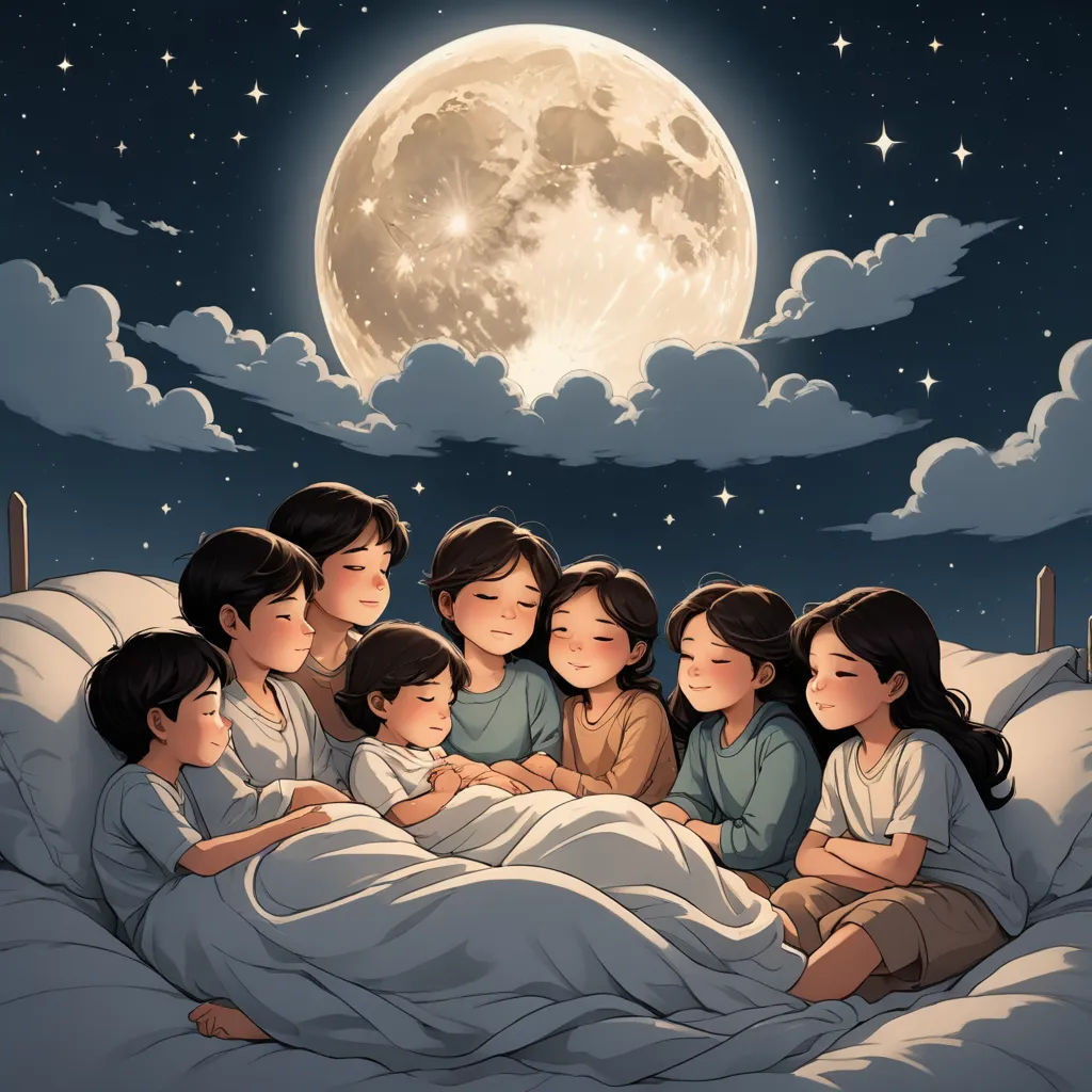 a family of five sitting on a bed under a full moon with the moon in the background and clouds, space art, a storybook illustration, Cyril Rolando, storybook illustration