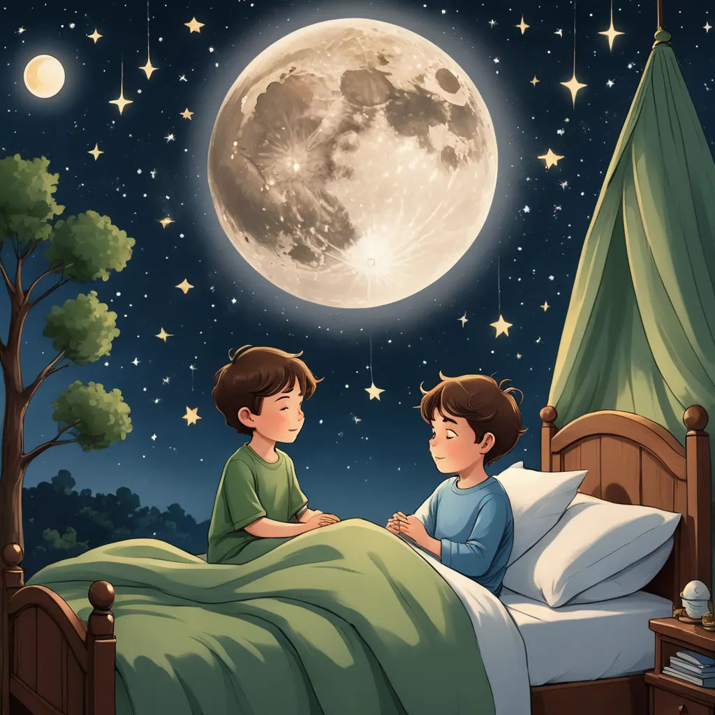 a boy and a boy sitting on a bed in front of a full moon with stars and a tree, space art, a storybook illustration, Cyril Rolando, storybook illustration