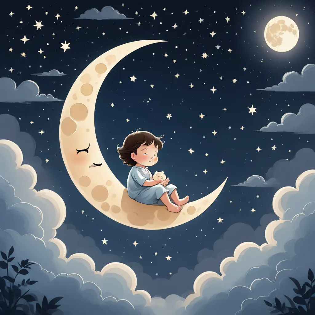 a little boy sitting on the moon with a sleeping baby in his lap looking at the stars and the moon, space art, a storybook illustration, Diego Gisbert Llorens, storybook illustration
