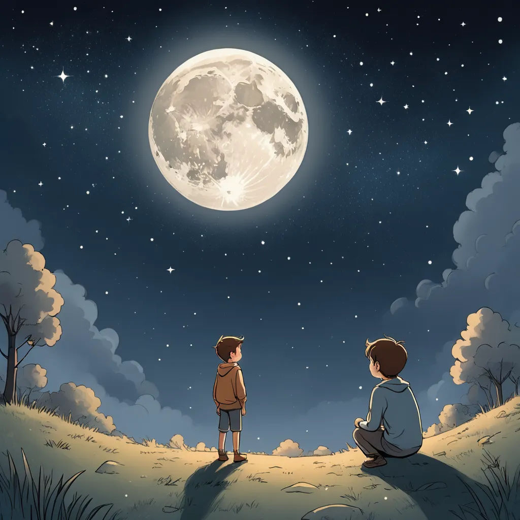 two children sitting on a hill watching the moon rise over the horizon of the earth and stars in the sky, space art, a storybook illustration, Atey Ghailan, moon