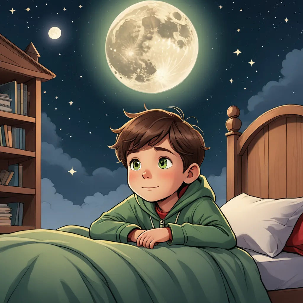 a boy laying in bed under a full moon in a bedroom with a bookcase and bookshelf, space art, a storybook illustration, Diego Gisbert Llorens, storybook illustration