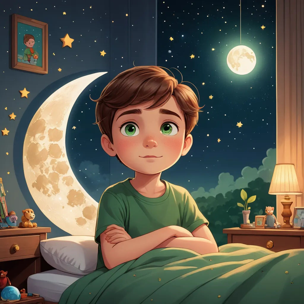 a boy is sitting in bed with a green shirt on and a night sky with stars and a moon, space art, a storybook illustration, Diego Gisbert Llorens, storybook illustration