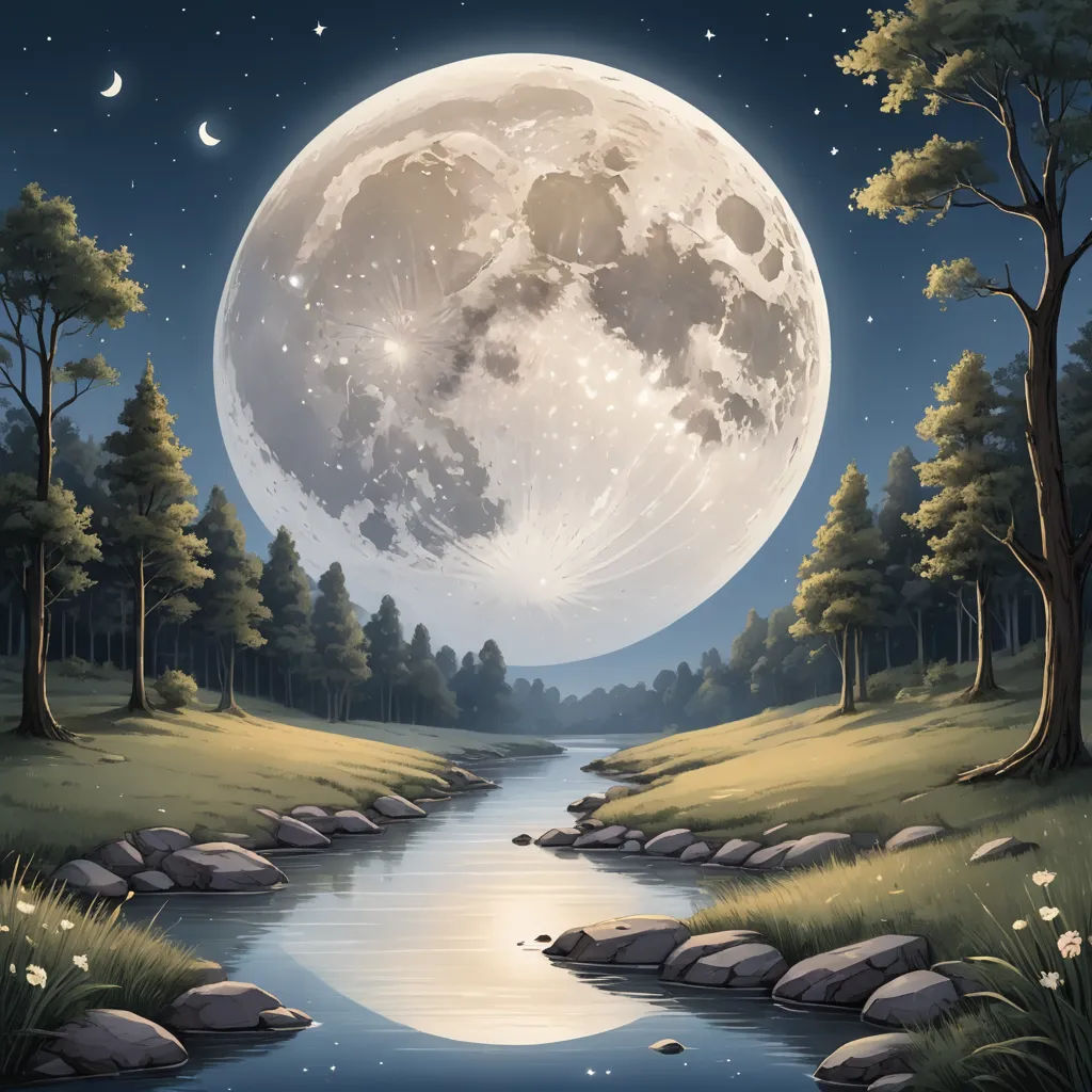 a painting of a river running through a forest under a full moon sky with stars and moon in the sky, space art, a detailed matte painting, David A Hardy, moon