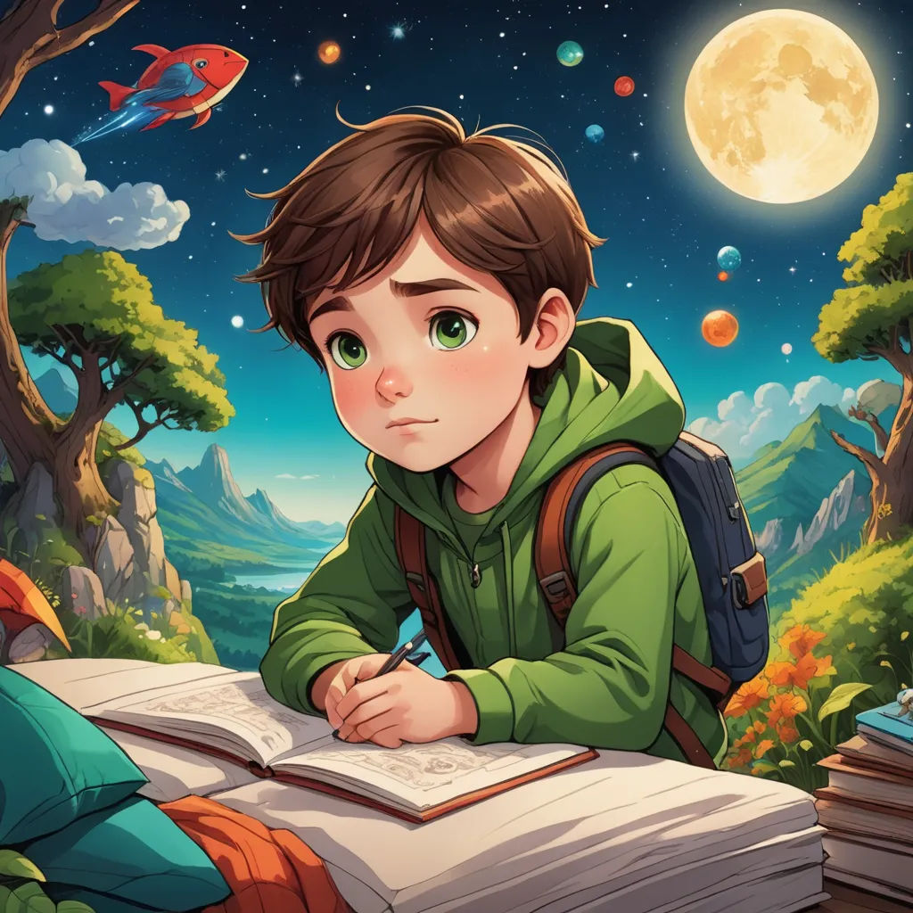 a boy is writing in a book in the woods at night with a full moon in the background and a fish in the sky, fantasy art, a storybook illustration, Diego Gisbert Llorens, storybook illustration