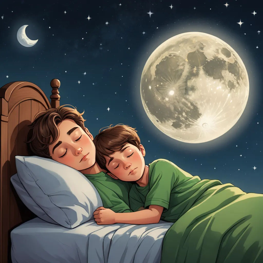 a boy and a girl sleeping in bed under the moon and stars illustration by alex krapfer, space art, a storybook illustration, Diego Gisbert Llorens, storybook illustration