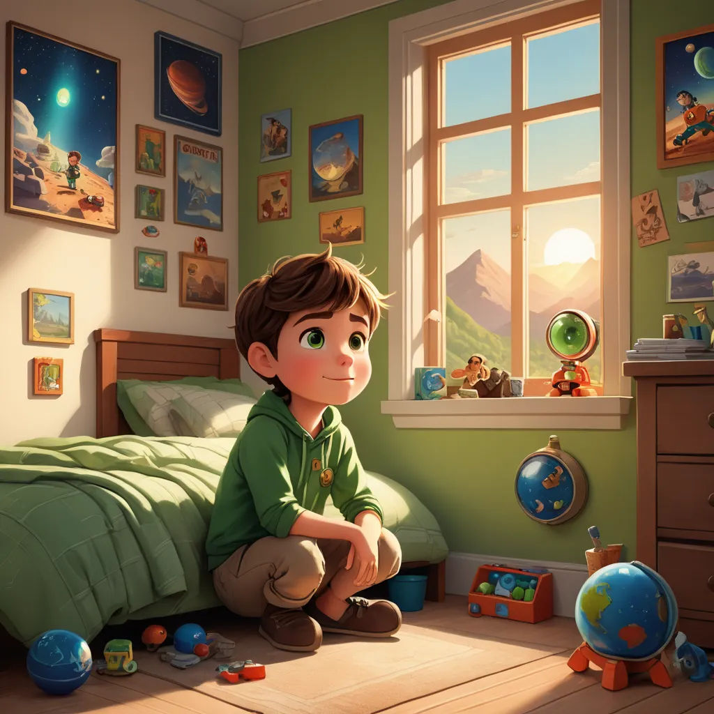 a boy sitting on the floor in a bedroom with a green wall and a window with pictures on it, space art, a storybook illustration, Diego Gisbert Llorens, rossdraws global illumination