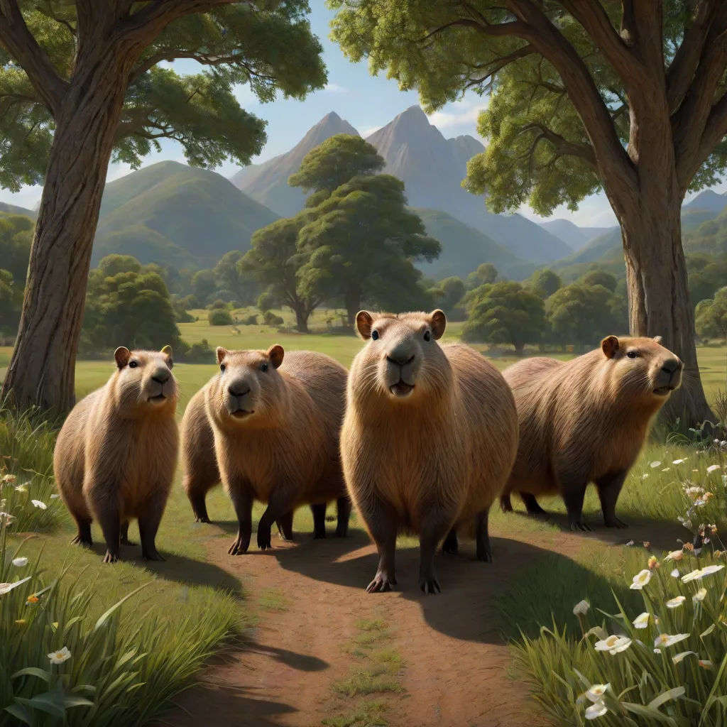a group of animals standing on a dirt road near trees and flowers in a field with mountains in the background, a fine art painting, Chris LaBrooy, american scene painting, cgstudio
