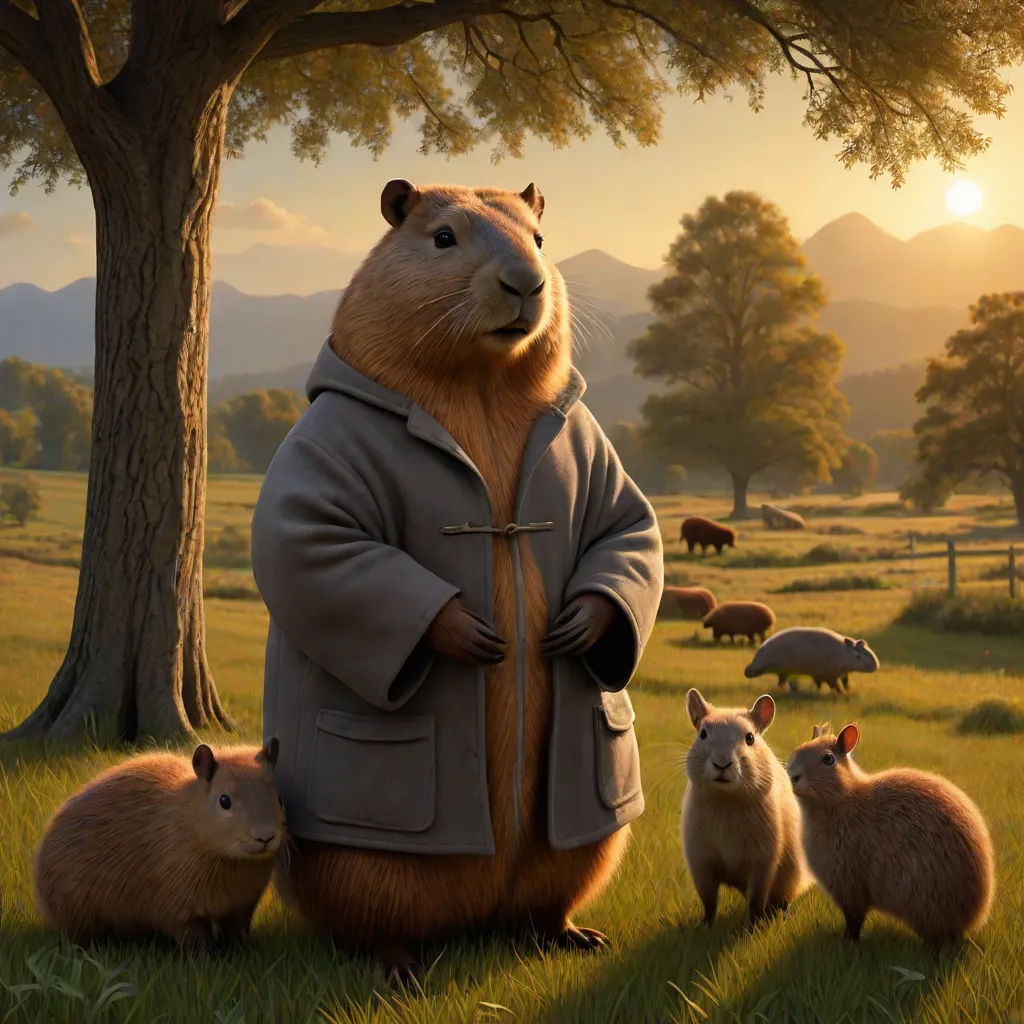 a man in a bear suit standing in a field with animals around him and a tree in the background, a storybook illustration, Chris LaBrooy, sots art, official art