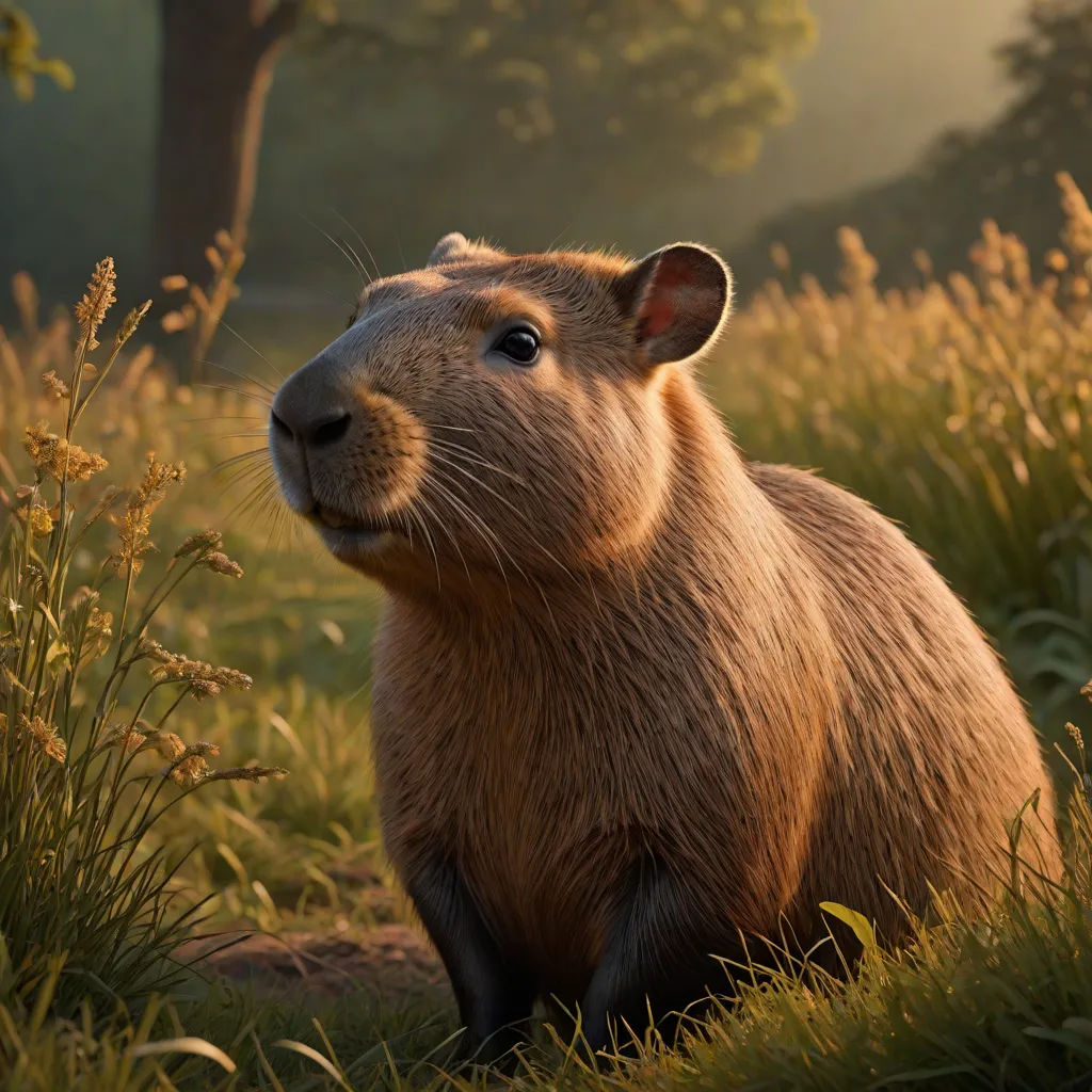 a capybara is sitting in the grass looking up at the camera mantels are in the background, concept art, Chris LaBrooy, photorealism, weta digital