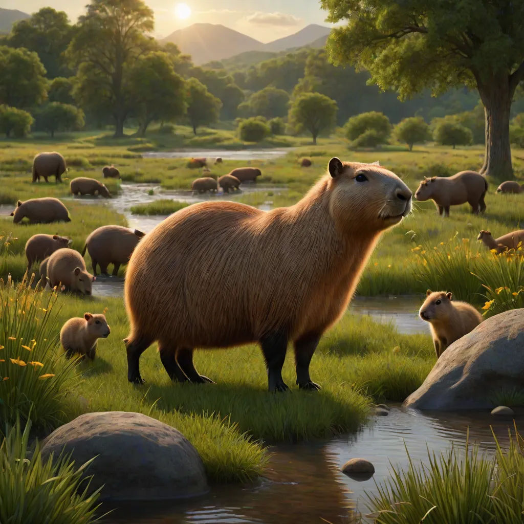 a painting of a capybara in a field of grass and rocks with a stream running through it, a storybook illustration, Chris LaBrooy, massurrealism, official art