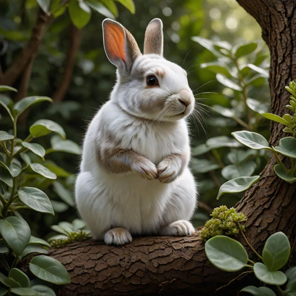 a white rabbit sitting on a tree branch in a forest with green leaves and bushes around it, with a large orange ear, a photorealistic painting, Beatrix Potter, photorealism, animal photography
