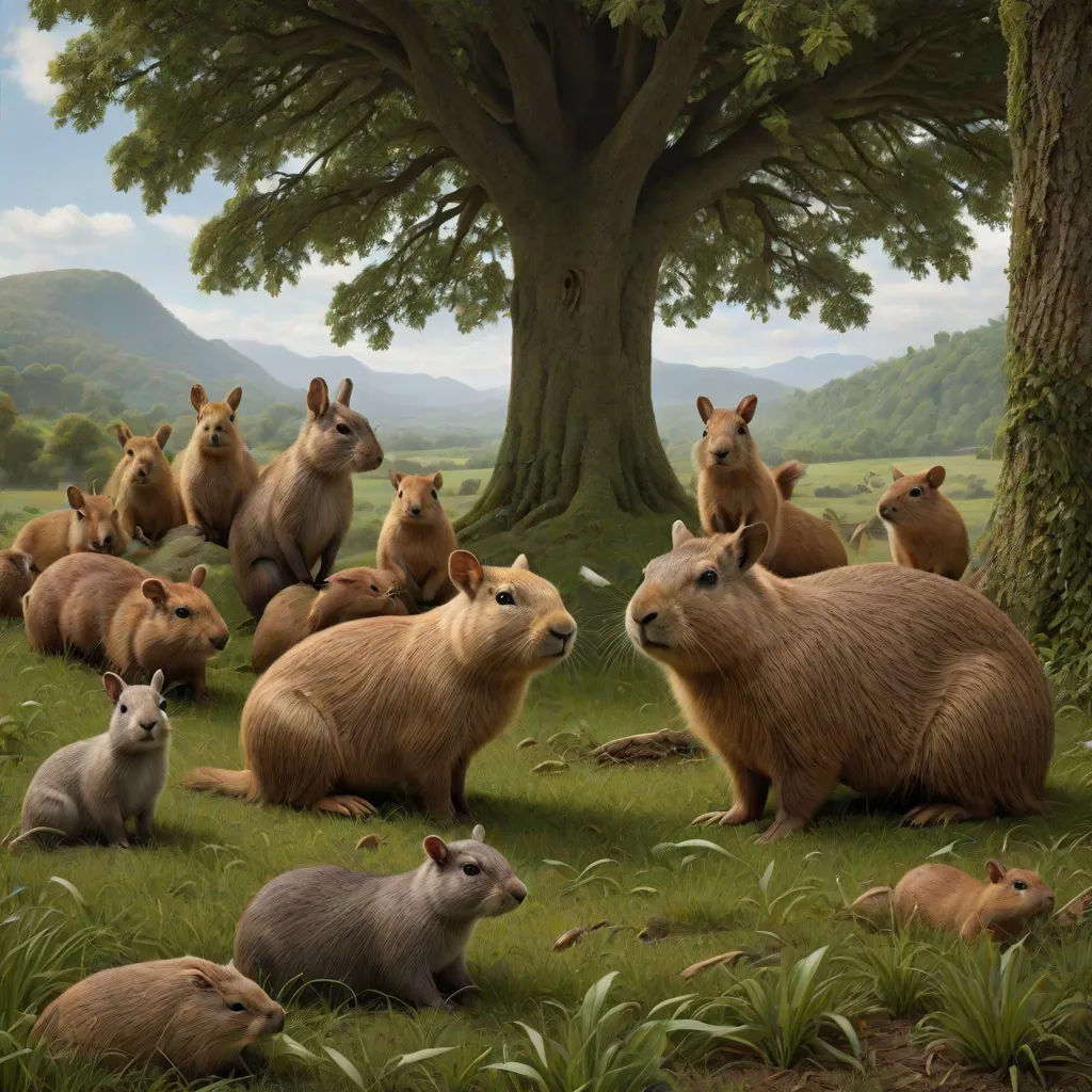 a painting of a group of animals in a field with a tree in the background and a mountain in the background, a hyperrealistic painting, Chris LaBrooy, massurrealism, official art