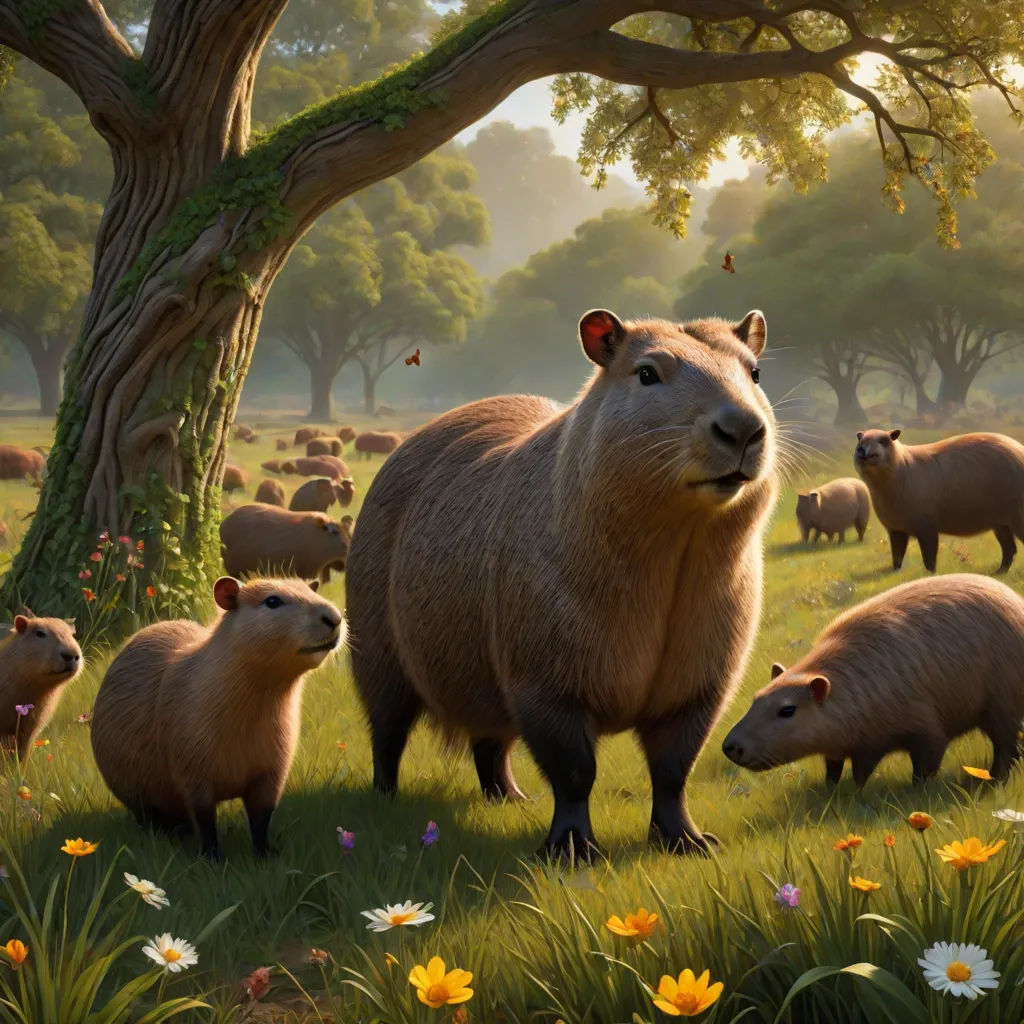 a group of animals standing in a field next to a tree and flowers on a sunny day with a few butterflies, a fine art painting, Chris LaBrooy, massurrealism, ultra realistic digital art