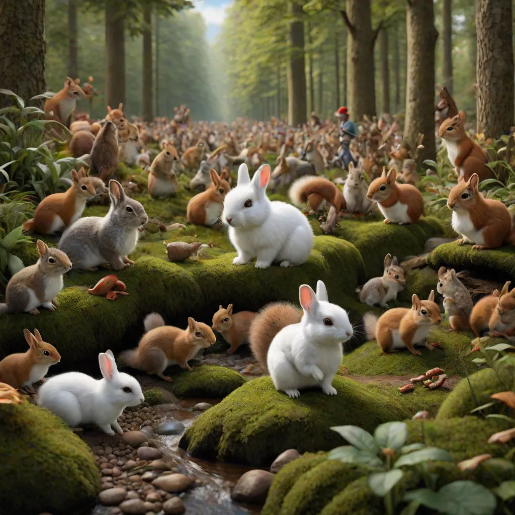 a group of rabbits sitting on mossy rocks in a forest filled with trees and rocks, with a stream running through the center, a detailed matte painting, Chris LaBrooy, massurrealism, photoreal