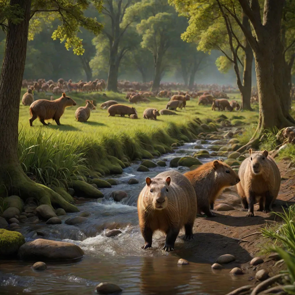 a group of animals walking across a river next to a forest filled with trees and grass and rocks and grass covered ground, a detailed matte painting, Chris LaBrooy, massurrealism, weta digital