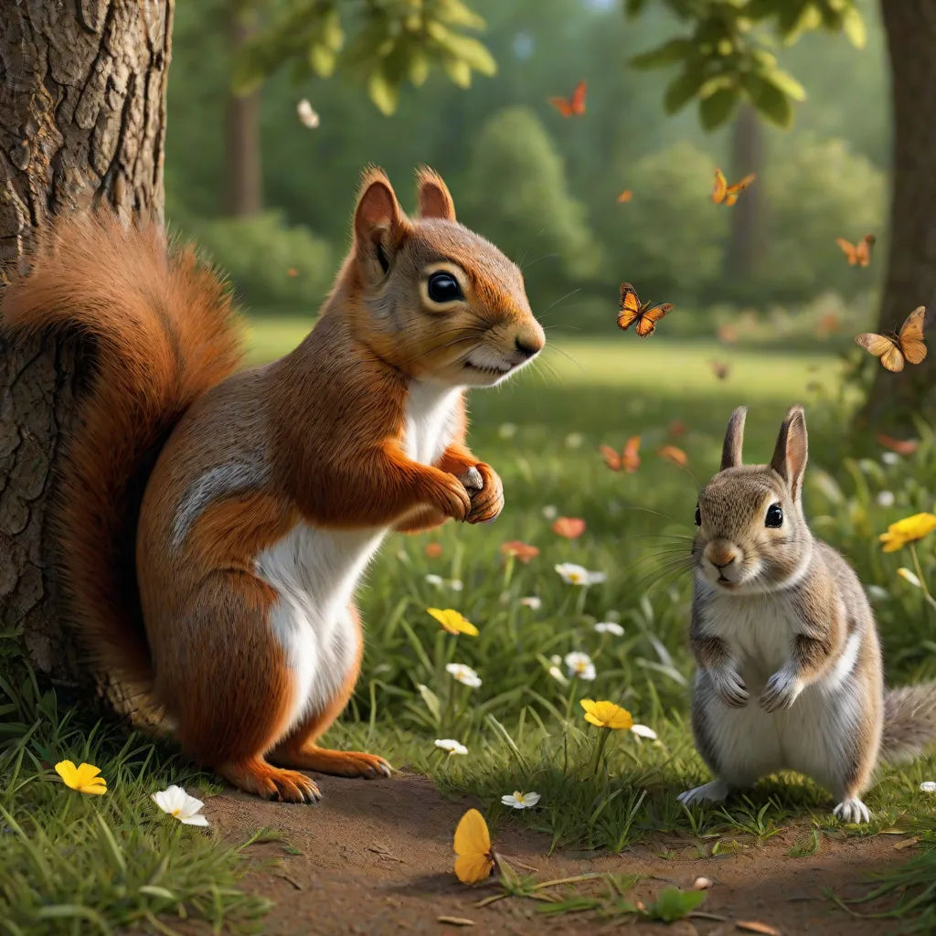 a squirrel and a squirrel are standing in the grass near a tree and a butterfly is flying overhead in the background, an airbrush painting, Chris LaBrooy, photorealism, highly detailed digital painting