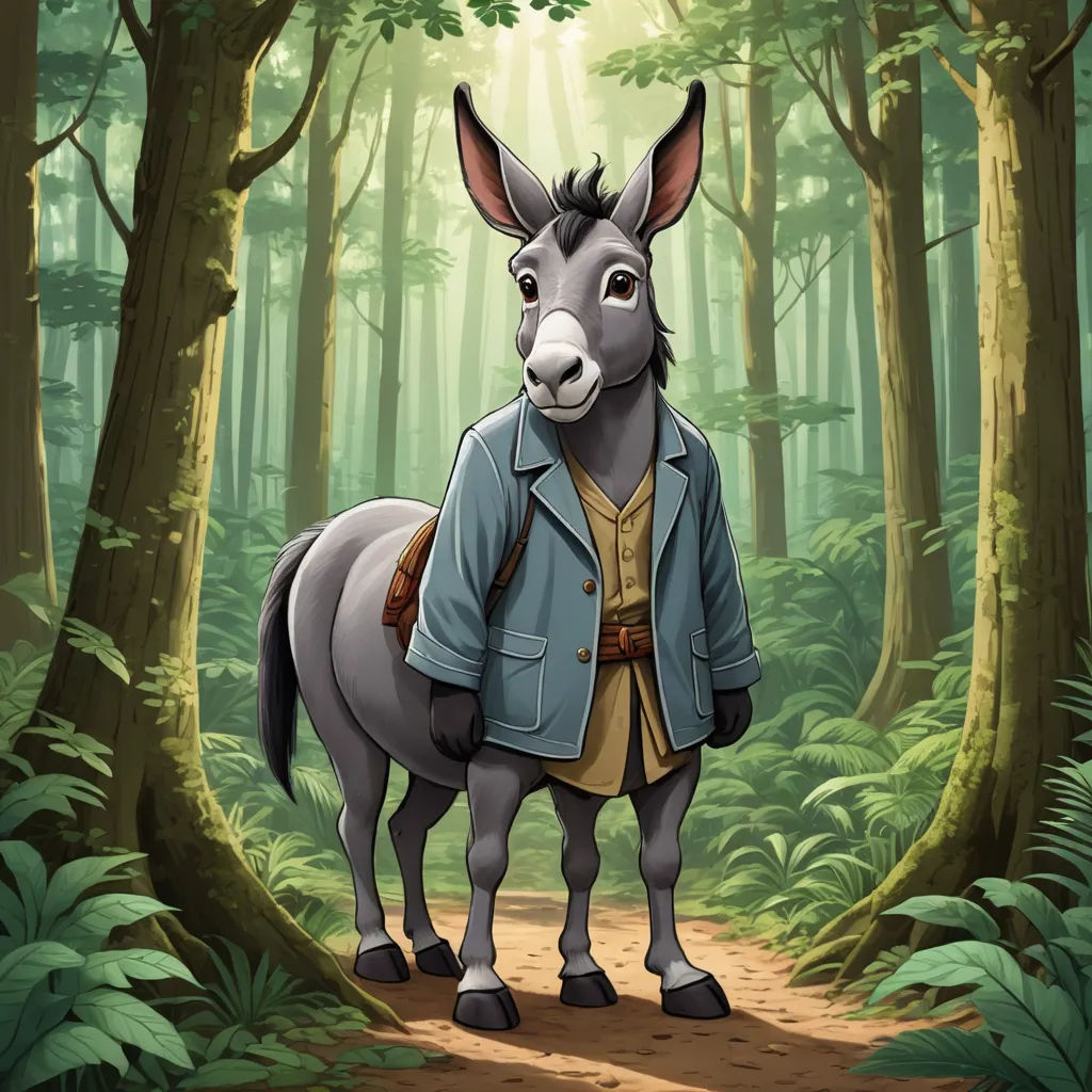 a donkey in a forest with a blue jacket on and a brown belt around its neck and a yellow shirt on, furry art, a character portrait, Aloysius O'Kelly, promotional image