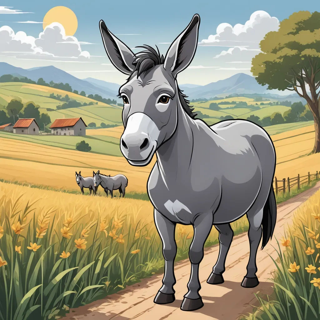 a donkey standing on a dirt road in a field of flowers and grass with a farm in the background, synthetism, a storybook illustration, Andries Stock, storybook illustration