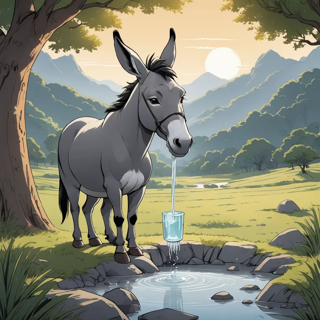 a donkey drinking water from a small pond in a field with a mountain range in the background and a tree with a glass of water, magical realism, a storybook illustration, Andries Stock, storybook illustration