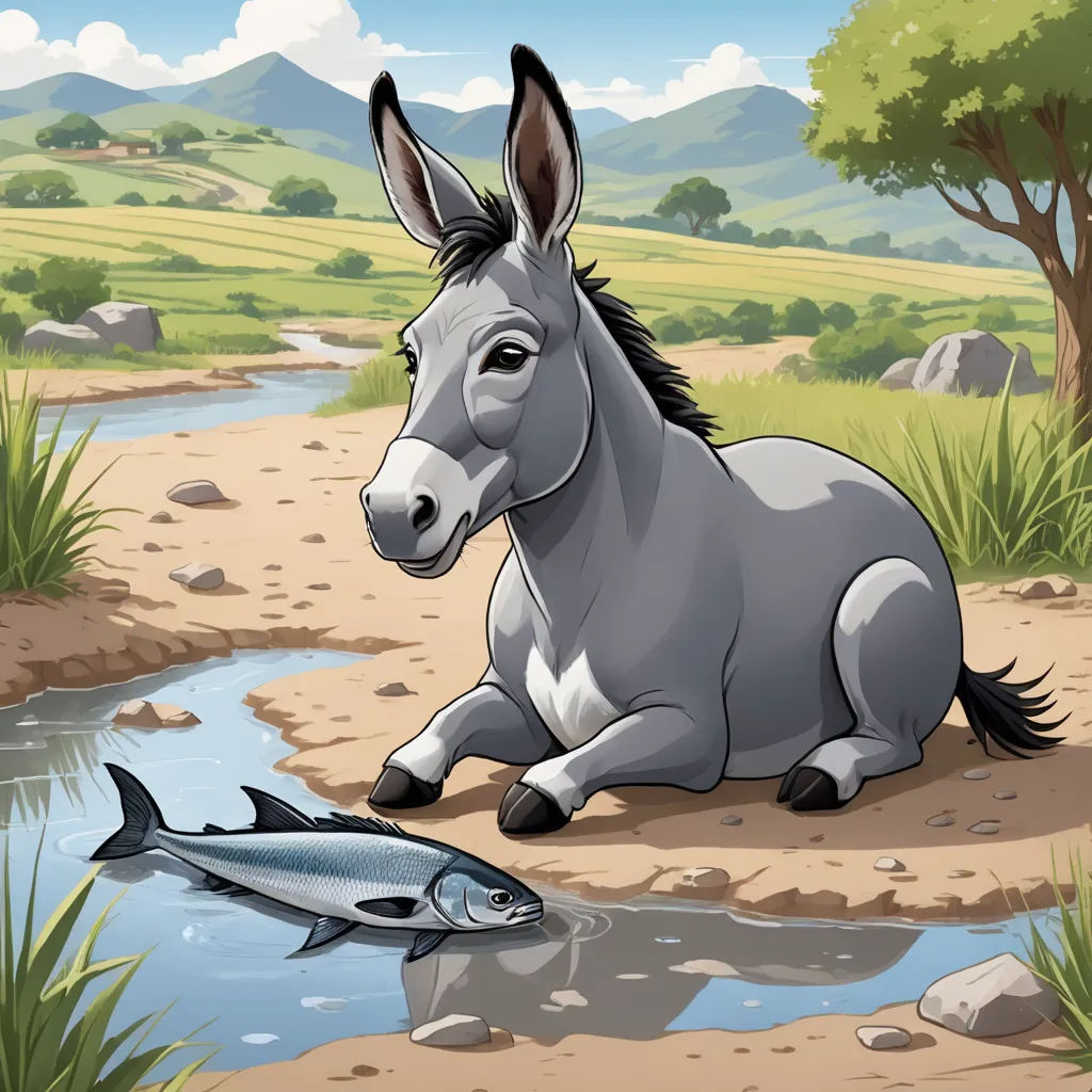 a donkey and a fish are sitting on the ground near a stream of water and grass, with mountains in the background, naive art, a storybook illustration, Andries Both, storybook illustration
