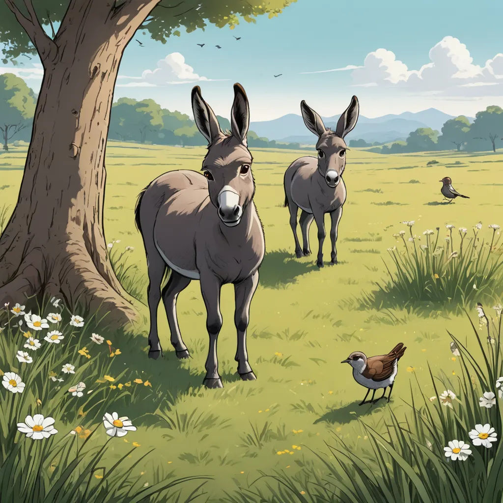 two donkeys standing in a field with a bird nearby by a tree and a bird on the ground, primitivism, a storybook illustration, Chris LaBrooy, storybook illustration