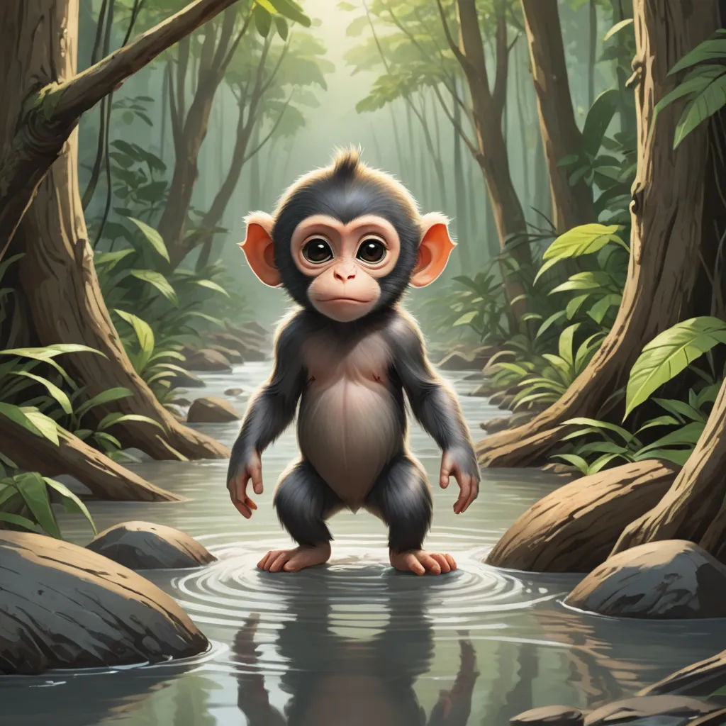 a monkey standing in a river surrounded by trees and rocks with a reflection of its face in the water, sots art, a digital painting, Chris LaBrooy, highly detailed digital painting