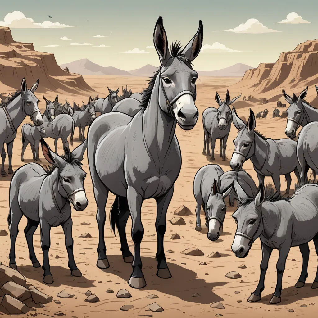 a herd of donkeys walking across a desert landscape with mountains in the background and a sky with clouds, incoherents, a storybook illustration, Asaf Hanuka, walton ford
