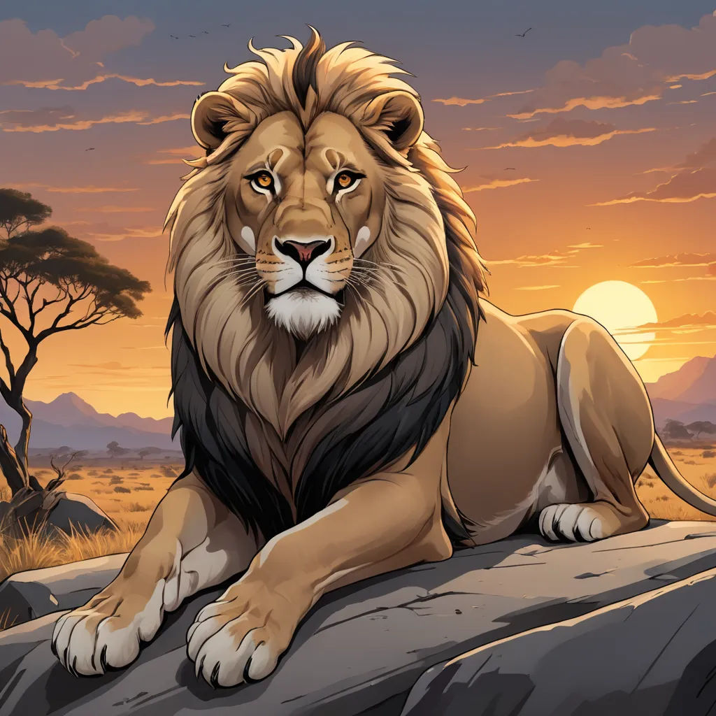 a lion sitting on a rock in the middle of a sunset scene with a tree and a hill in the background, furry art, a digital painting, Chris LaBrooy, majestic