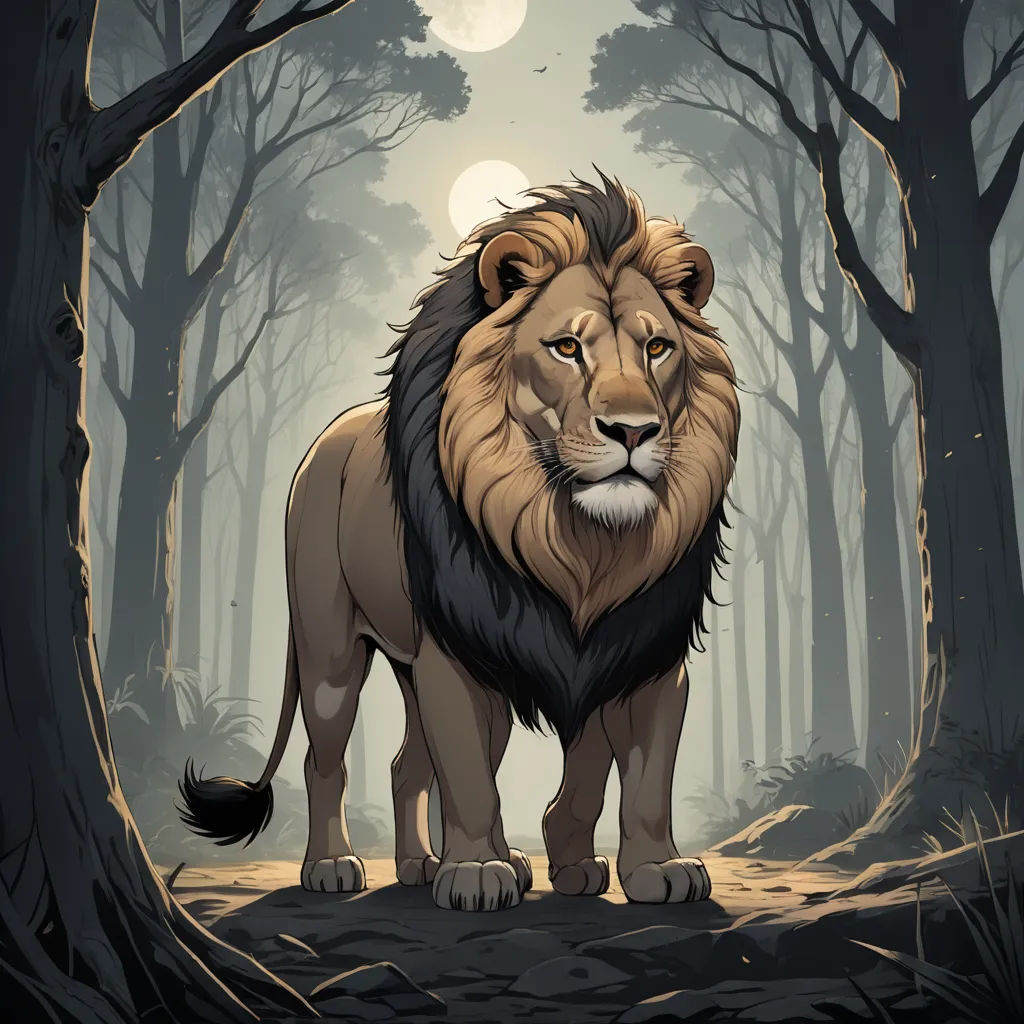 a lion standing in a forest with a full moon in the background and trees around it, with a path leading to the right, fantasy art, a character portrait, Chris LaBrooy, trending on art station