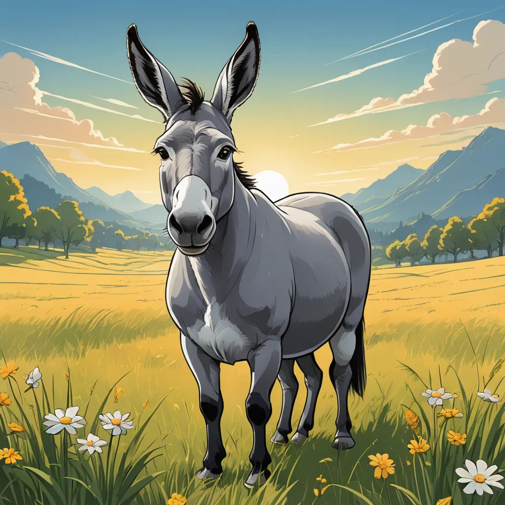 a donkey standing in a field of flowers and grass with mountains in the background and clouds in the sky, synthetism, a character portrait, Amédée Ozenfant, cel shading