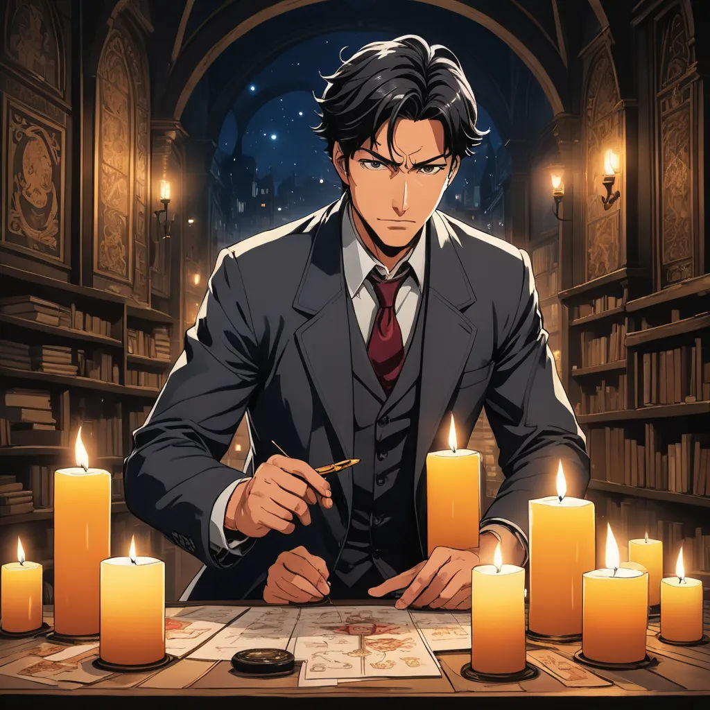 a man in a suit sitting at a table with candles in front of him and a bookcase in the background, sots art, a character portrait, Cedric Seaut (Keos Masons), official art