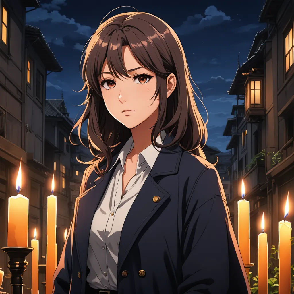 a woman standing in front of a building with candles in the background and a sky full of clouds and stars, sots art, a character portrait, Aguri Uchida, official art