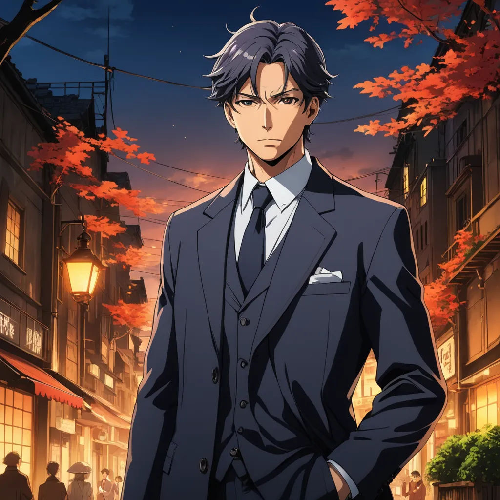 a man in a suit standing in front of a tree with leaves on it and a building in the background, aestheticism, a character portrait, Eizan Kikukawa, official art