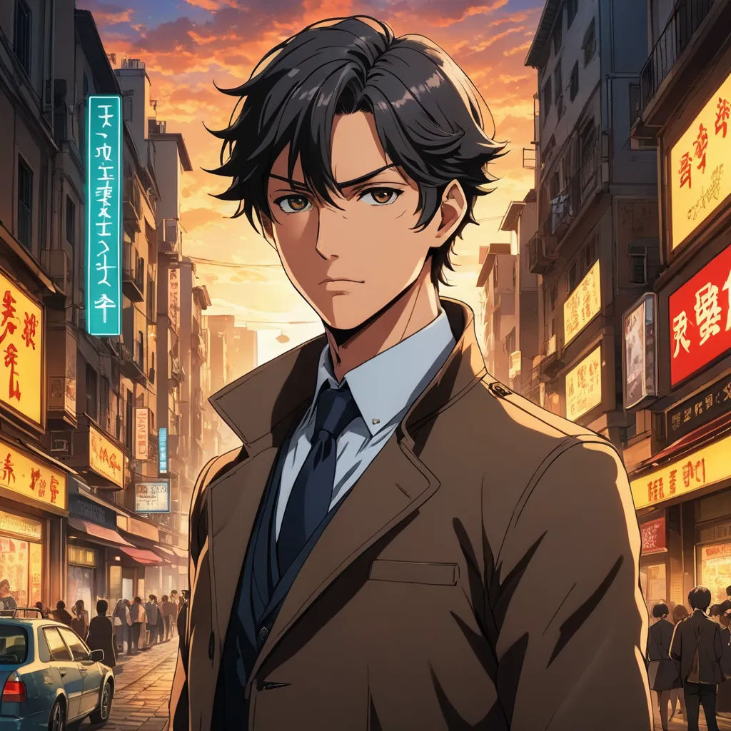 a man in a suit and tie standing in front of a city street at sunset with a sunset in the background, aestheticism, a character portrait, Cedric Seaut (Keos Masons), official art