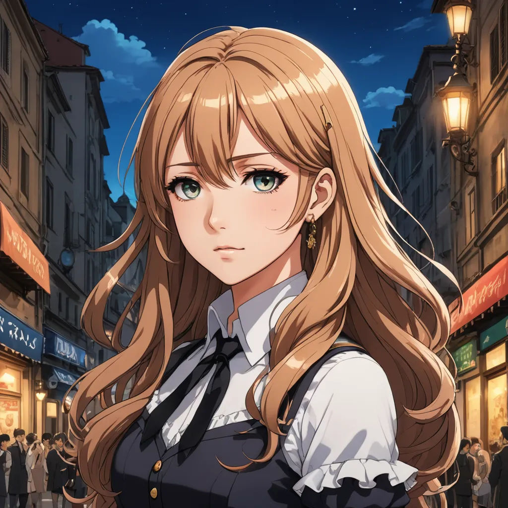 a woman with long blonde hair standing in front of a building at night with a full moon in the sky, remodernism, a character portrait, Anne Said, official art