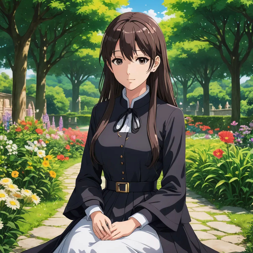 a woman in a black dress sitting on a bench in a garden with flowers and trees in the background, sots art, a character portrait, Chizuko Yoshida, official art