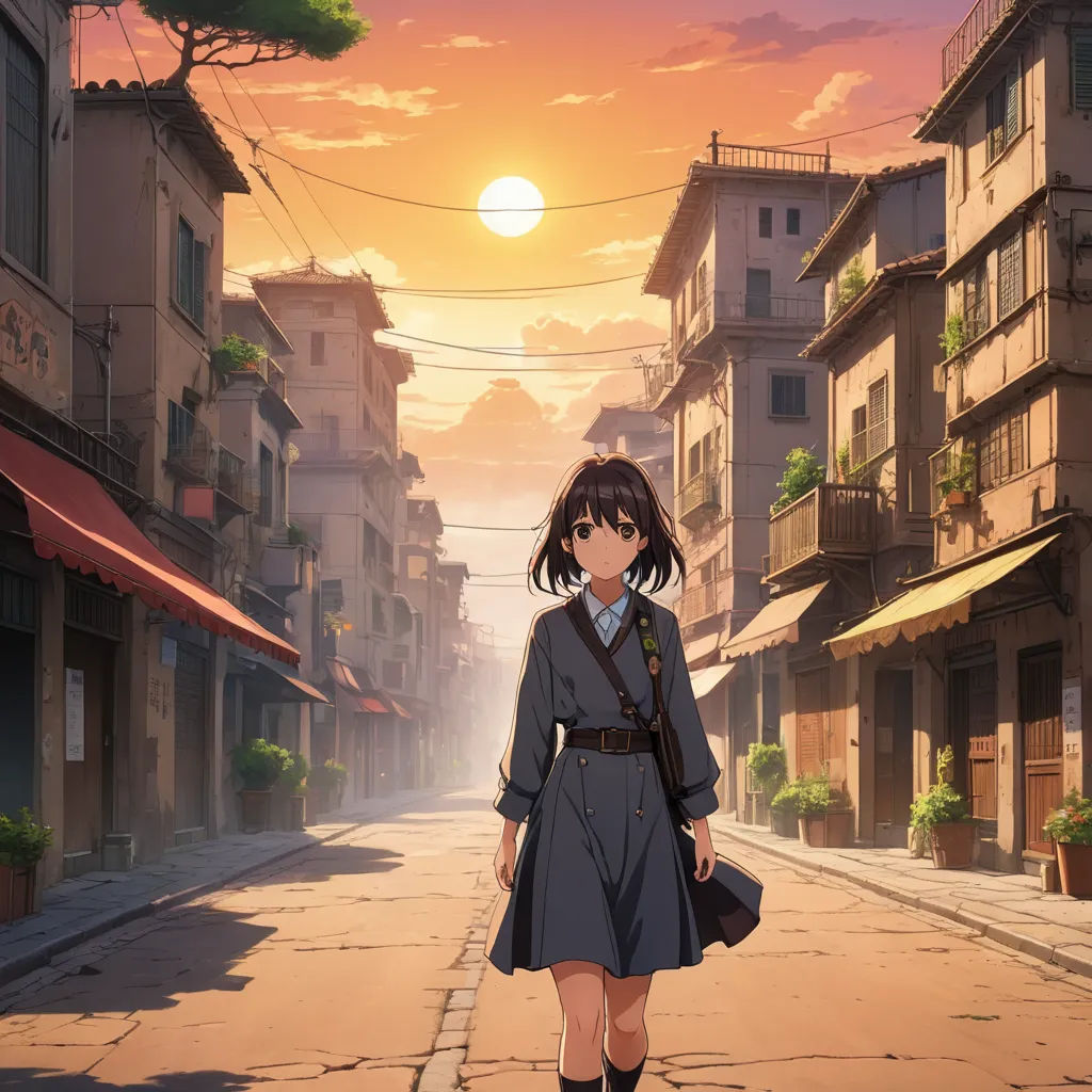 a woman walking down a street in front of a sunset with buildings and a sky background with a sun, magic realism, poster art, Ayako Rokkaku, kyoto animation