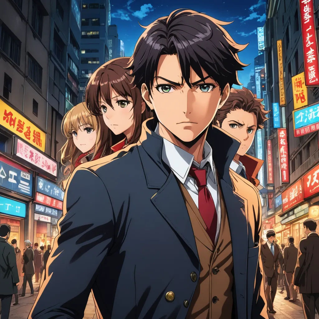 a man in a suit and tie standing in front of a city street with people in the background and a neon sign, rayonism, poster art, Cedric Seaut (Keos Masons), anime key visual