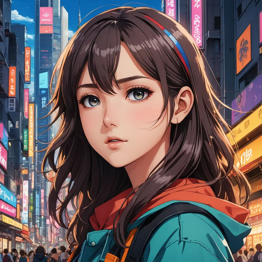 a girl with long hair and a backpack on a city street with neon signs in the background and a crowd of people, american scene painting, cyberpunk art, Artgerm, rossdraws global illumination