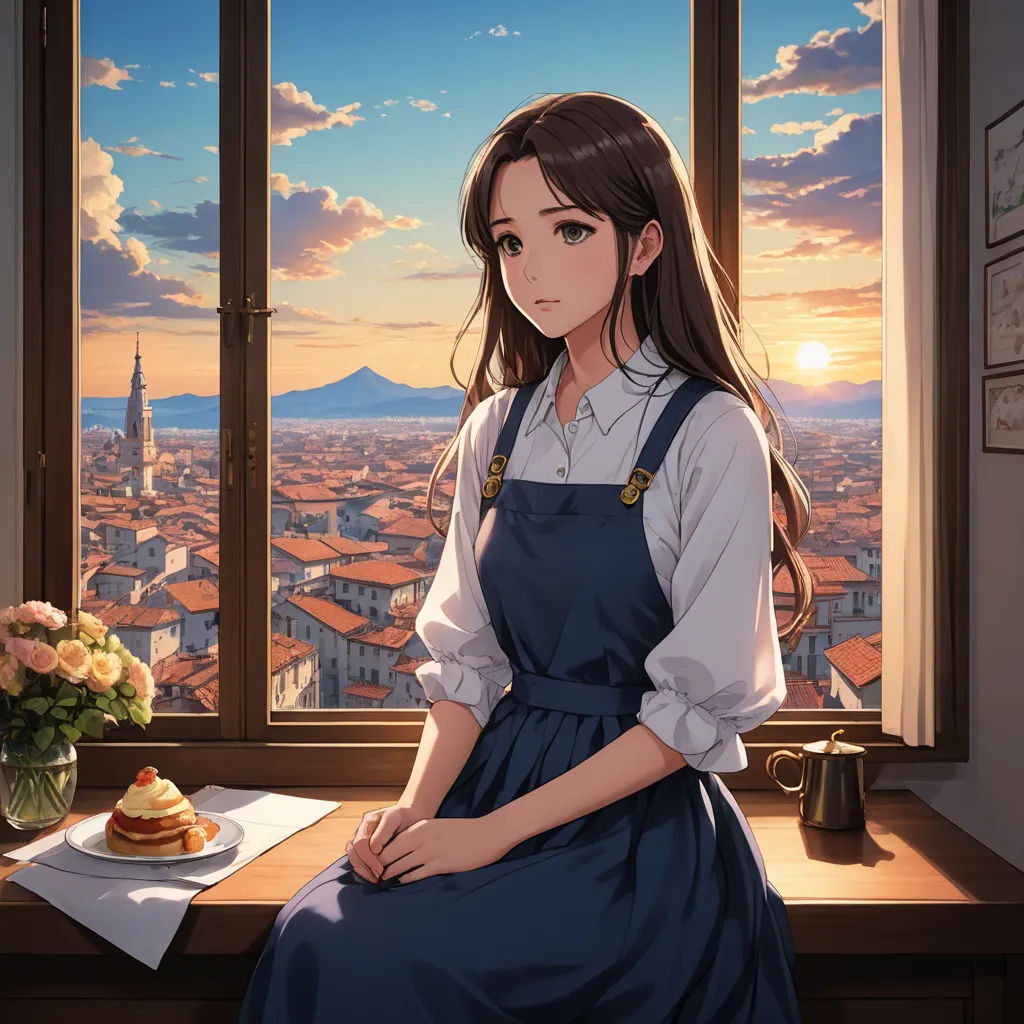 a woman sitting on a window sill looking out at a cityscape and a pastry on a plate, romanticism, a painting, Evgeny Lushpin, official art