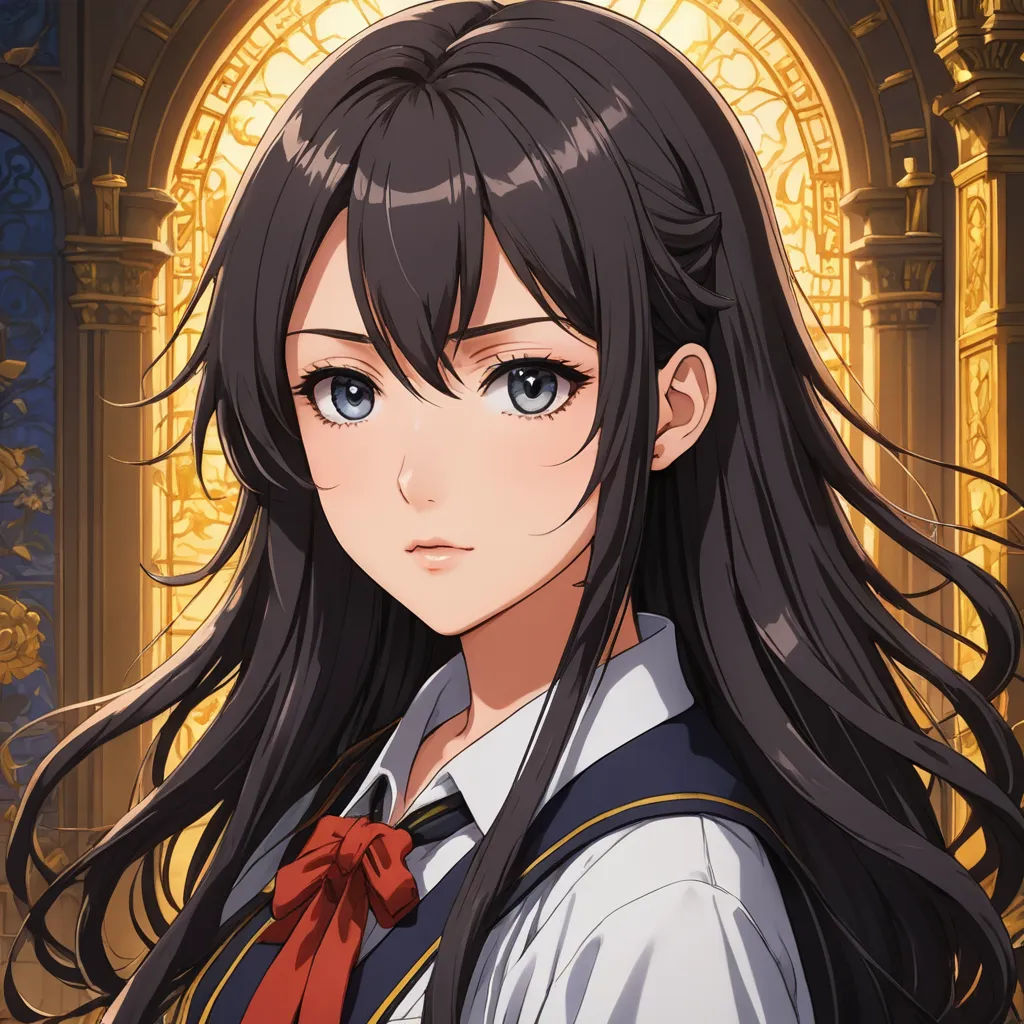 a girl with long black hair and a red bow tie standing in front of a golden door with a golden arch, sots art, a character portrait, Chizuko Yoshida, official art