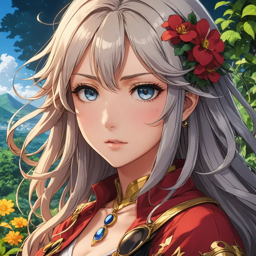 a woman with long hair and a flower in her hair, wearing a red outfit and a flower in her hair, sots art, a character portrait, Anne Said, rpg portrait