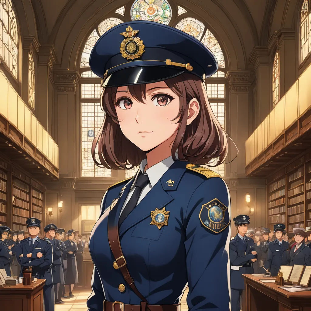 a woman in uniform standing in a library with a group of people behind her and a man in a suit and tie, remodernism, concept art, Aguri Uchida, official art