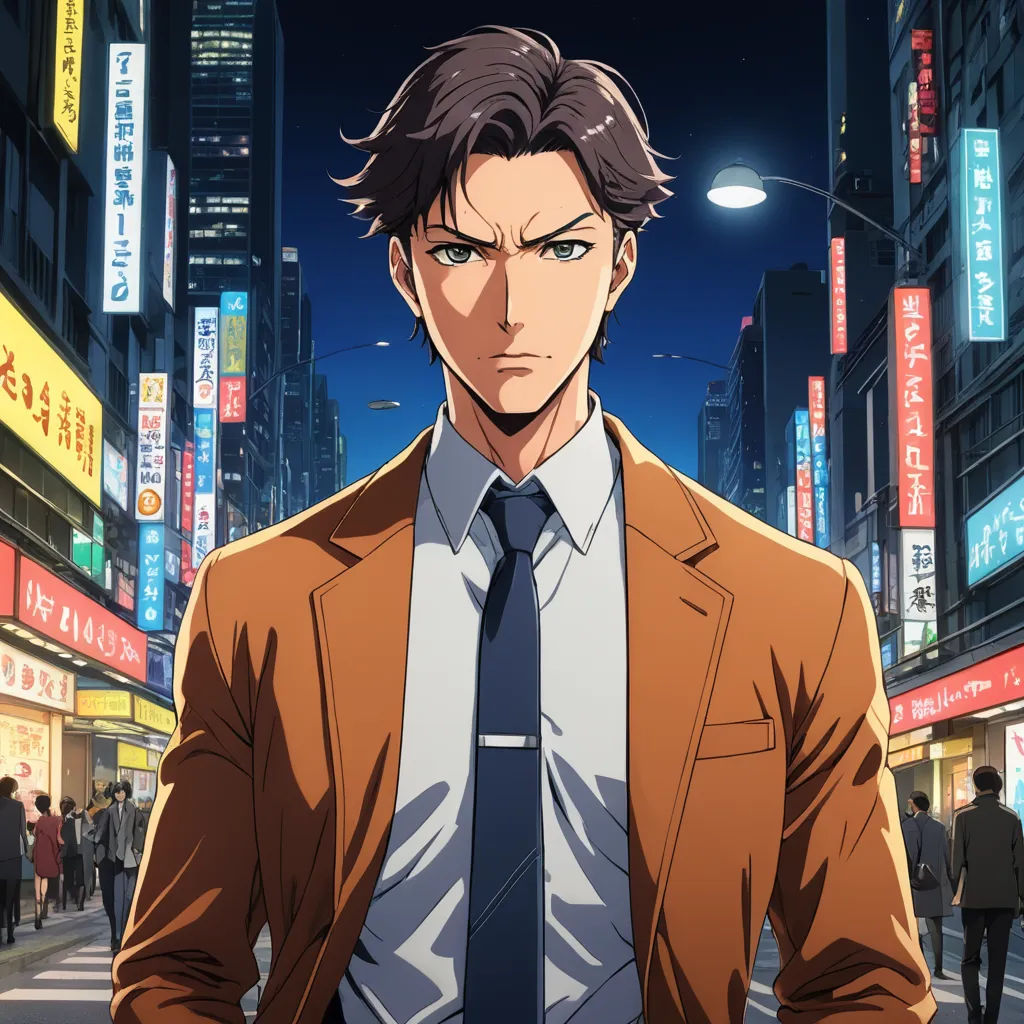 a man in a suit and tie standing in a city at night with neon signs in the background and a cityscape in the background, serial art, a character portrait, Cedric Seaut (Keos Masons), official art